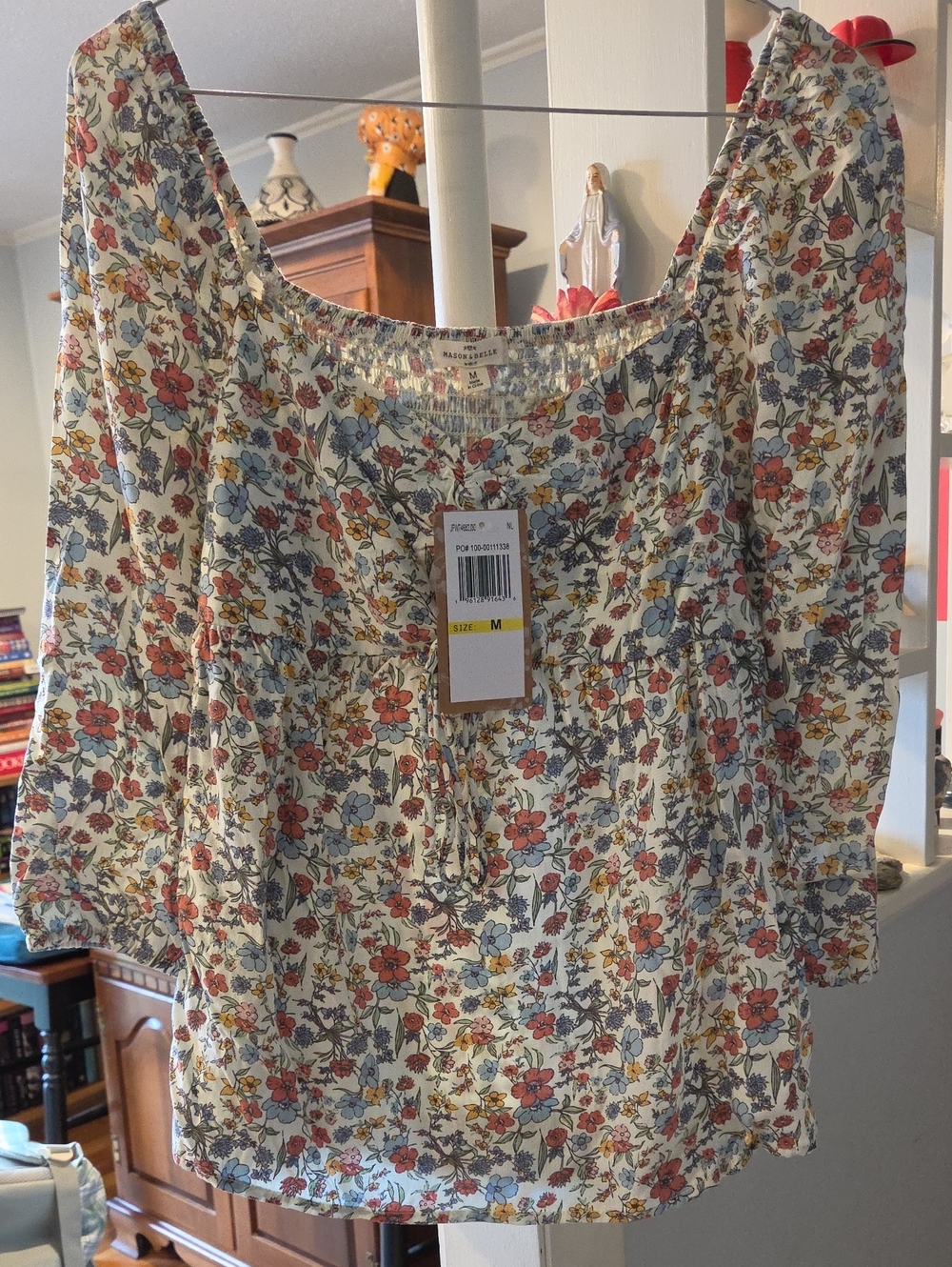 Maison Jules Floral Peasant Blouse - Cream with Blue & Coral Flowers